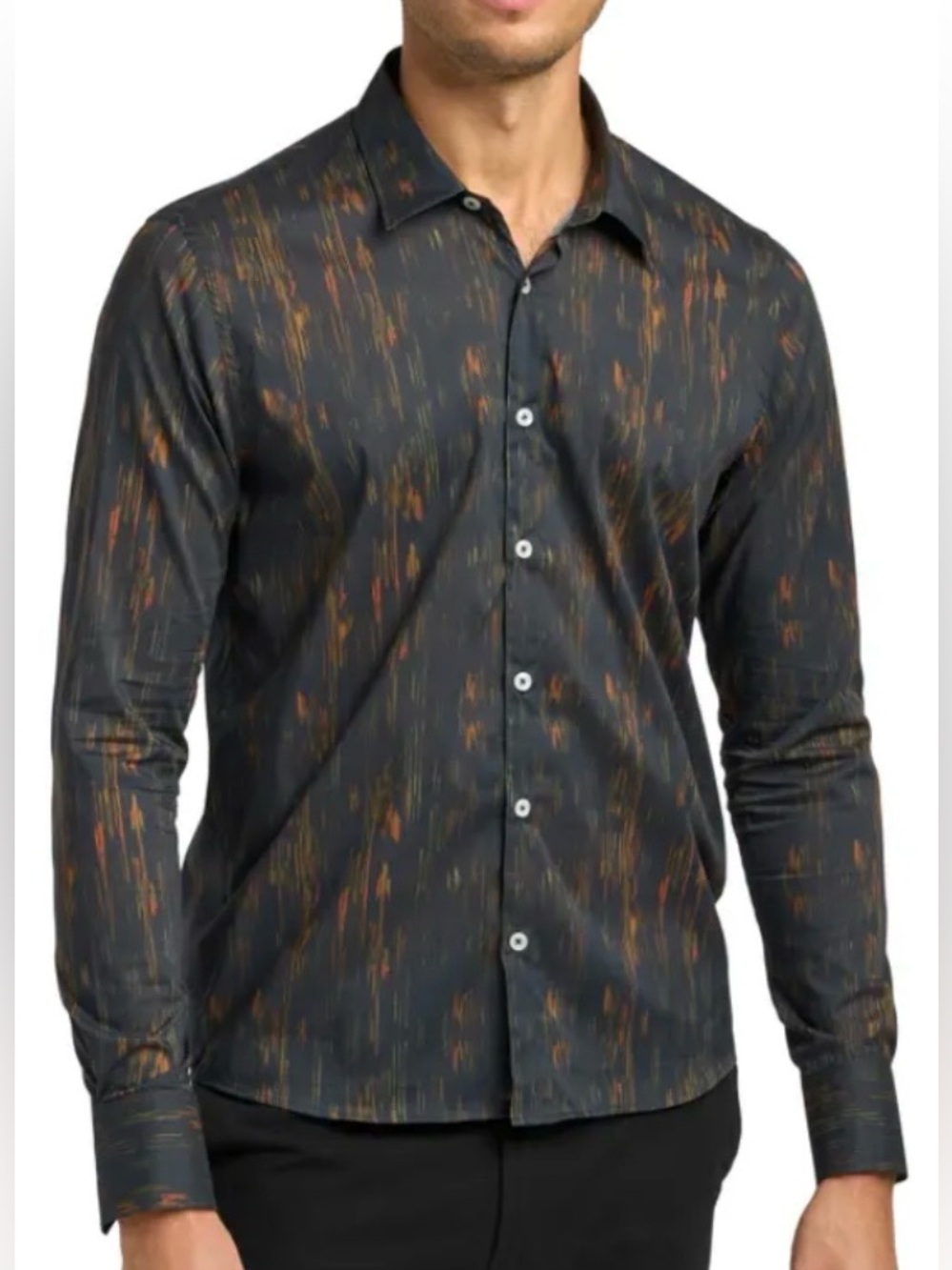 Good Man Men’s Black Button Down Shirt Gold Orange Streaks New size medium